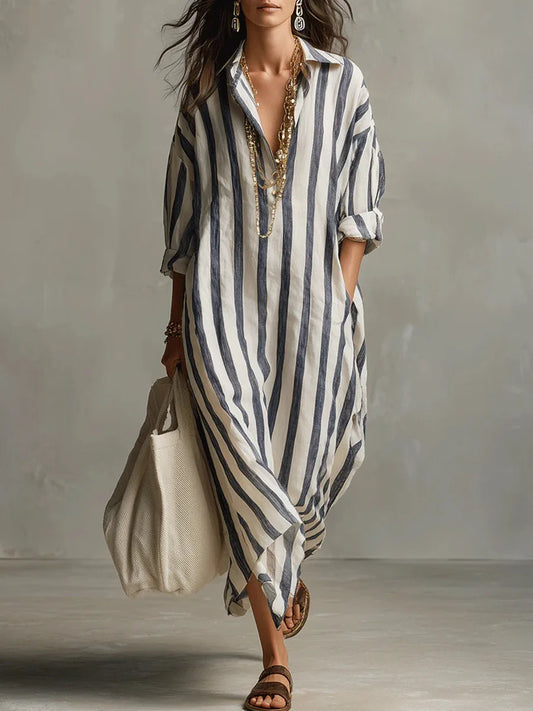 Women's Striped Maxi Shirt Dress with V Neck