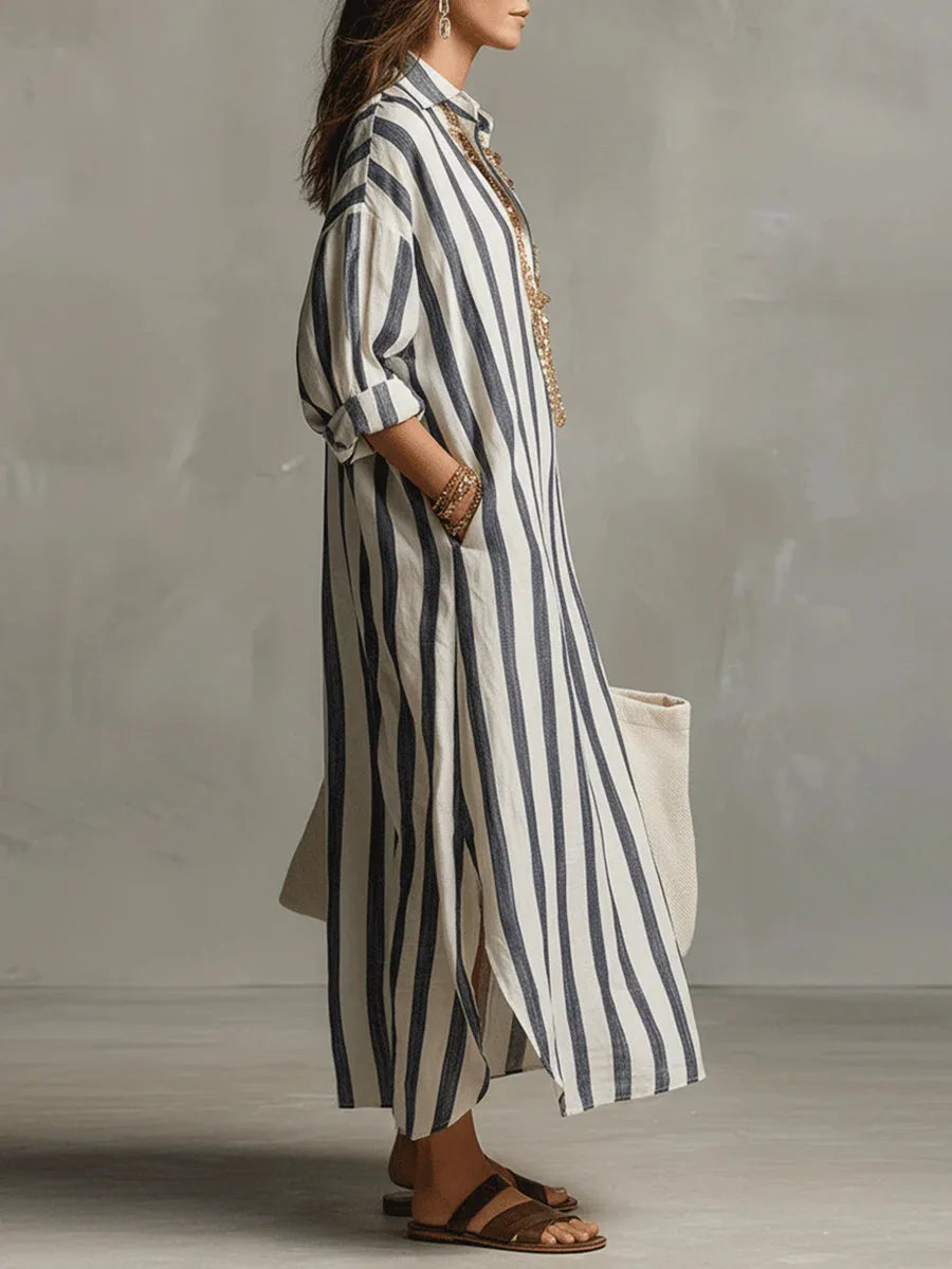 Women's Striped Maxi Shirt Dress with V Neck