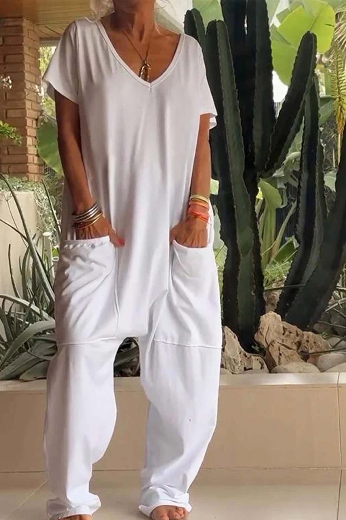 Women's Short Sleeve V-Neck Jumpsuit with Pockets