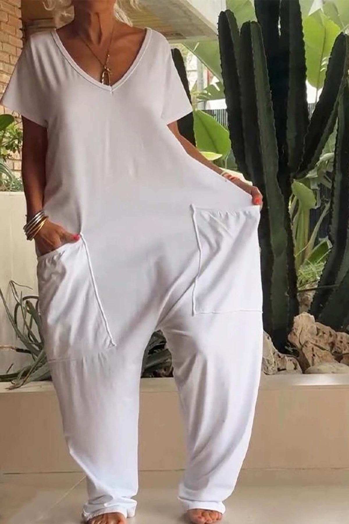 Women's Short Sleeve V-Neck Jumpsuit with Pockets