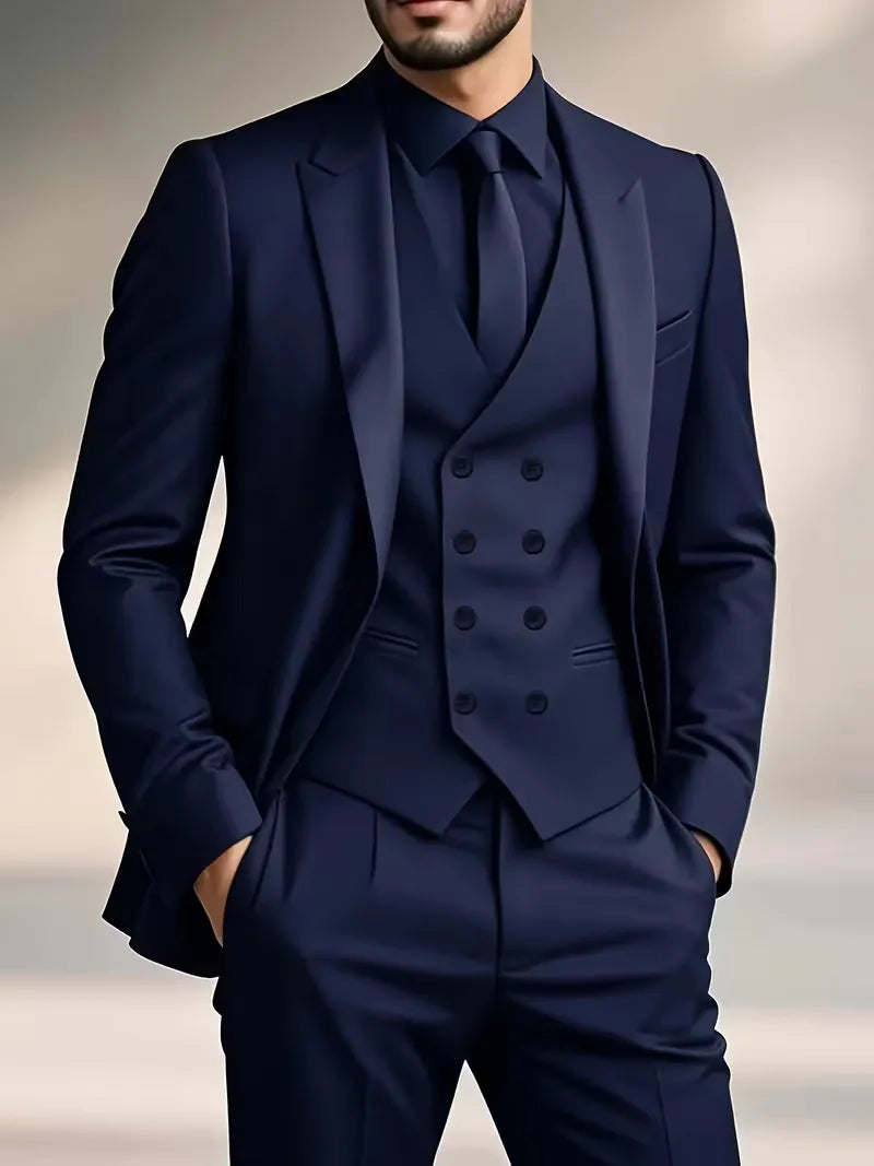 Slim Fit Double-Breasted Three-Piece Suit Set with Waistcoat for Men 10