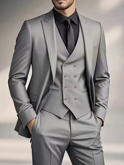 Slim Fit Double-Breasted Three-Piece Suit Set with Waistcoat for Men 11