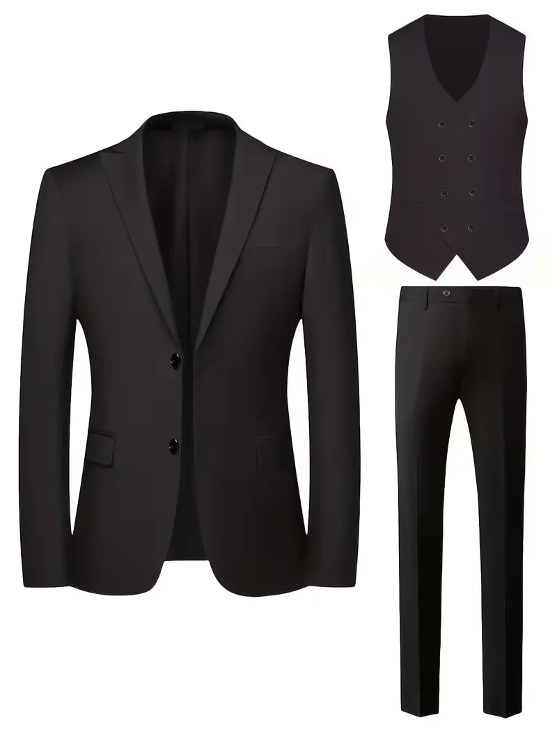 Slim Fit Double-Breasted Three-Piece Suit Set with Waistcoat for Men 2