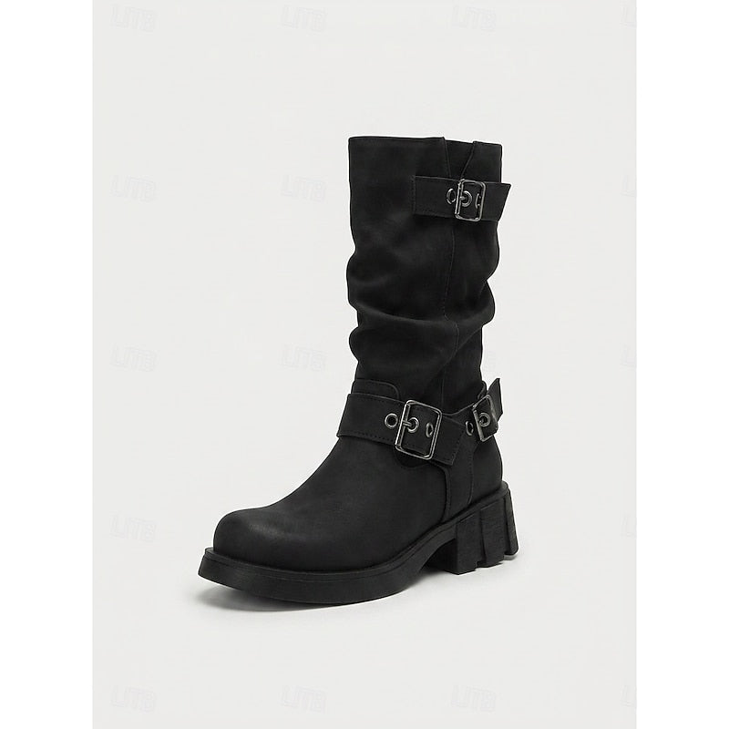 Sylvia | Buckle-Detail Mid-Calf Biker Boots 9