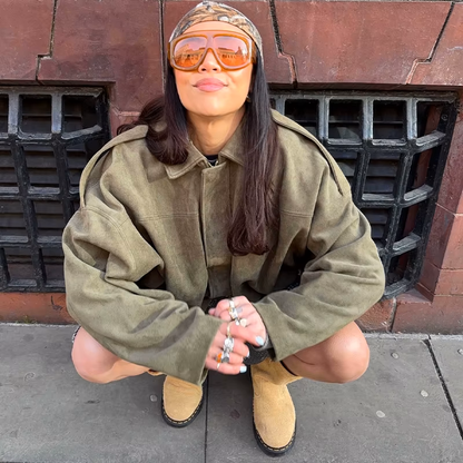 Women's Oversized Faux Suede Jacket with Collar