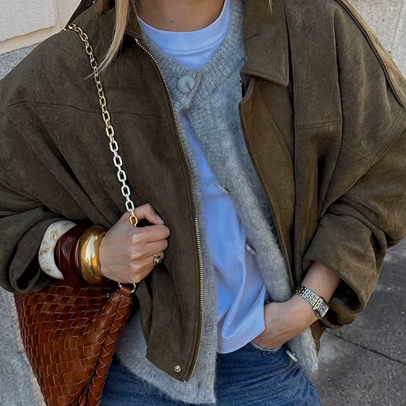 Women's Oversized Faux Suede Jacket with Collar