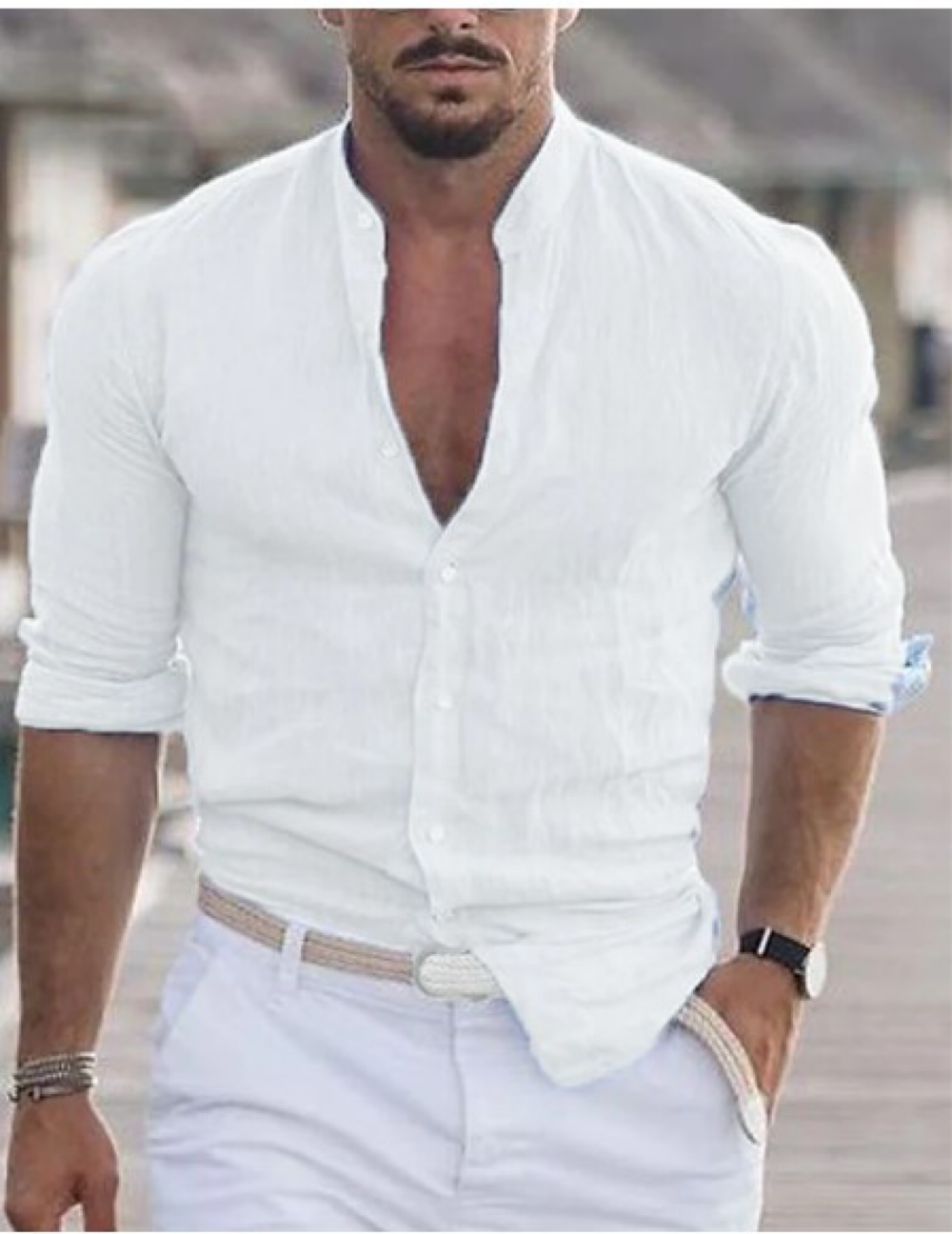 Men's Long-Sleeve Shirt with Band Collar
