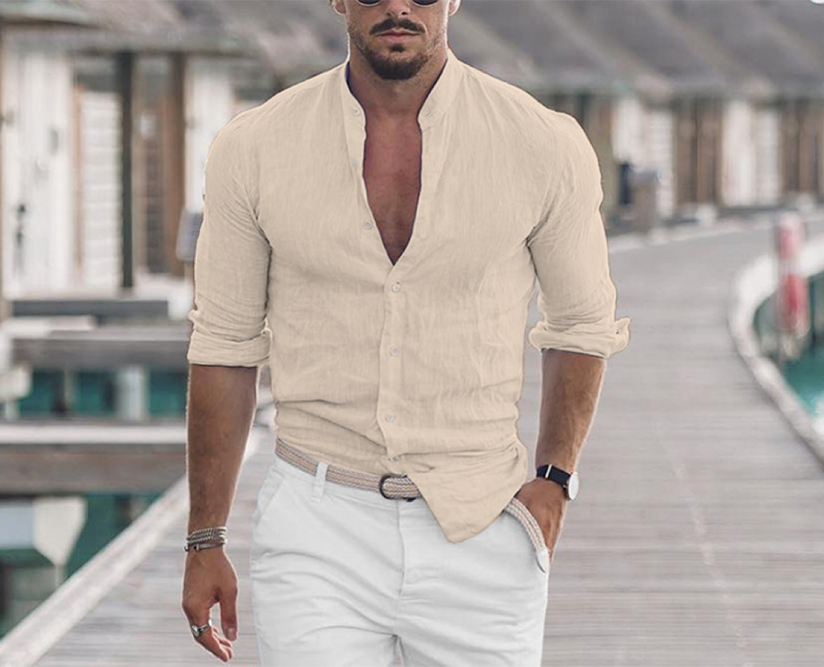 Men's Long-Sleeve Shirt with Band Collar