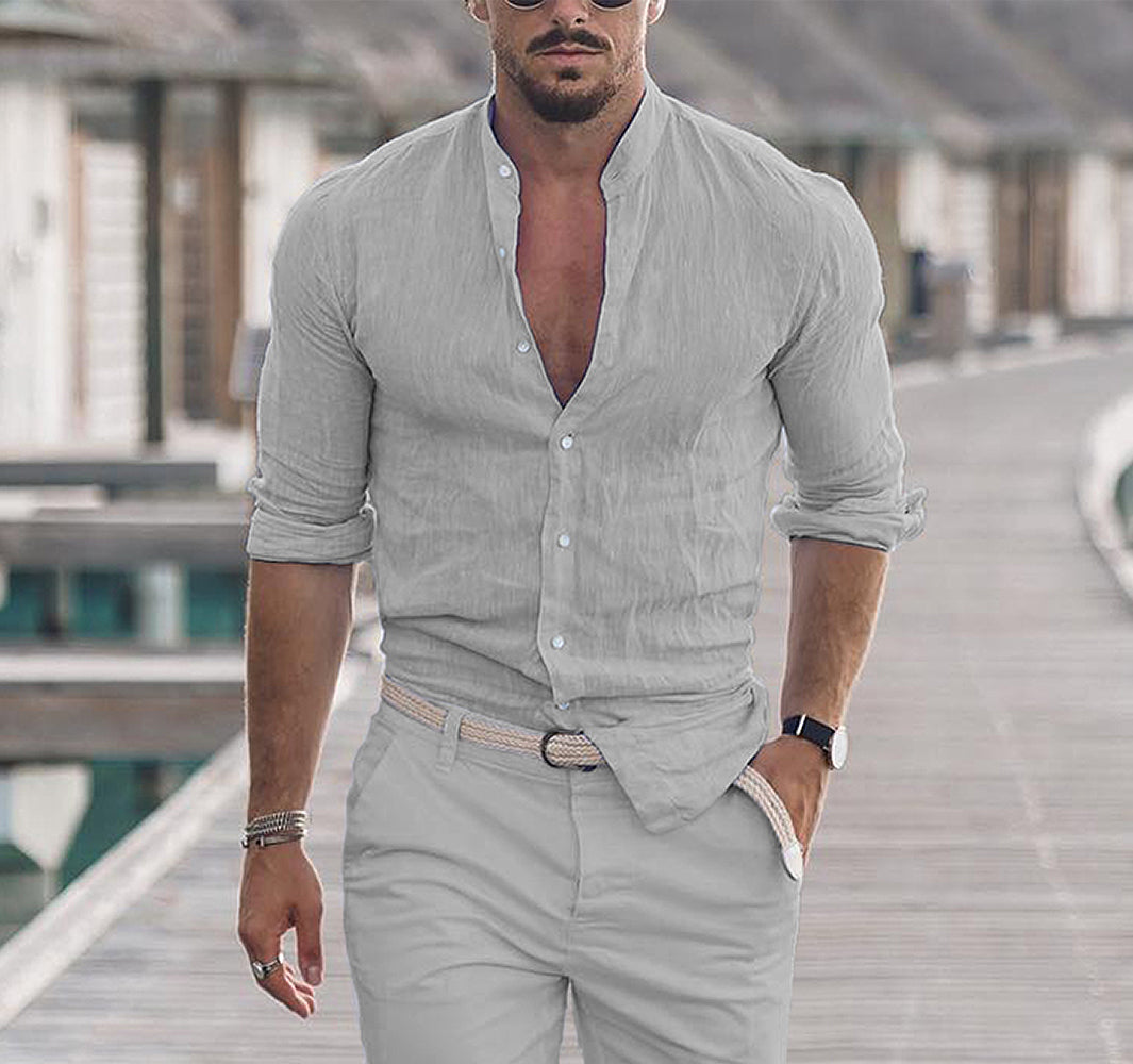 Men's Long-Sleeve Shirt with Band Collar