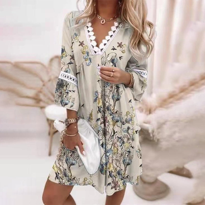 Women's Floral Print Mini Dress with Lace V-Neck