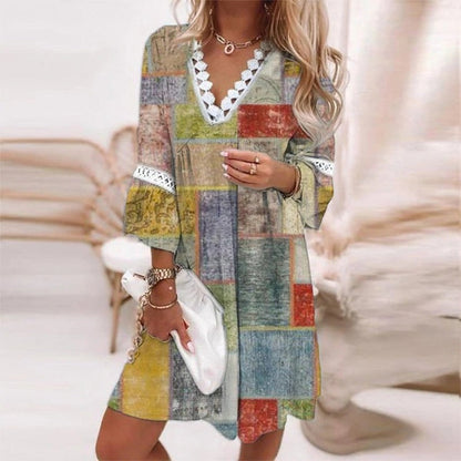 Women's Floral Print Mini Dress with Lace V-Neck