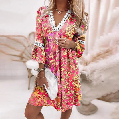 Women's Floral Print Mini Dress with Lace V-Neck