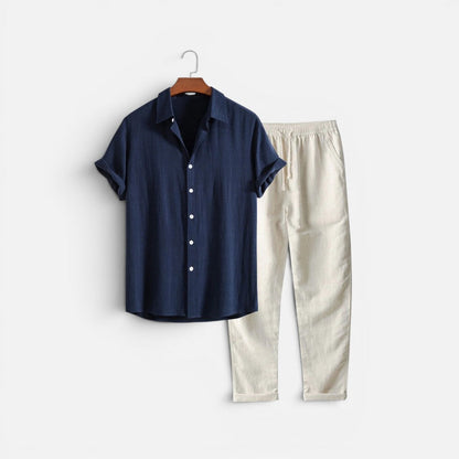 Two-piece set: short-sleeved, stand-up collar, button-front trousers 9