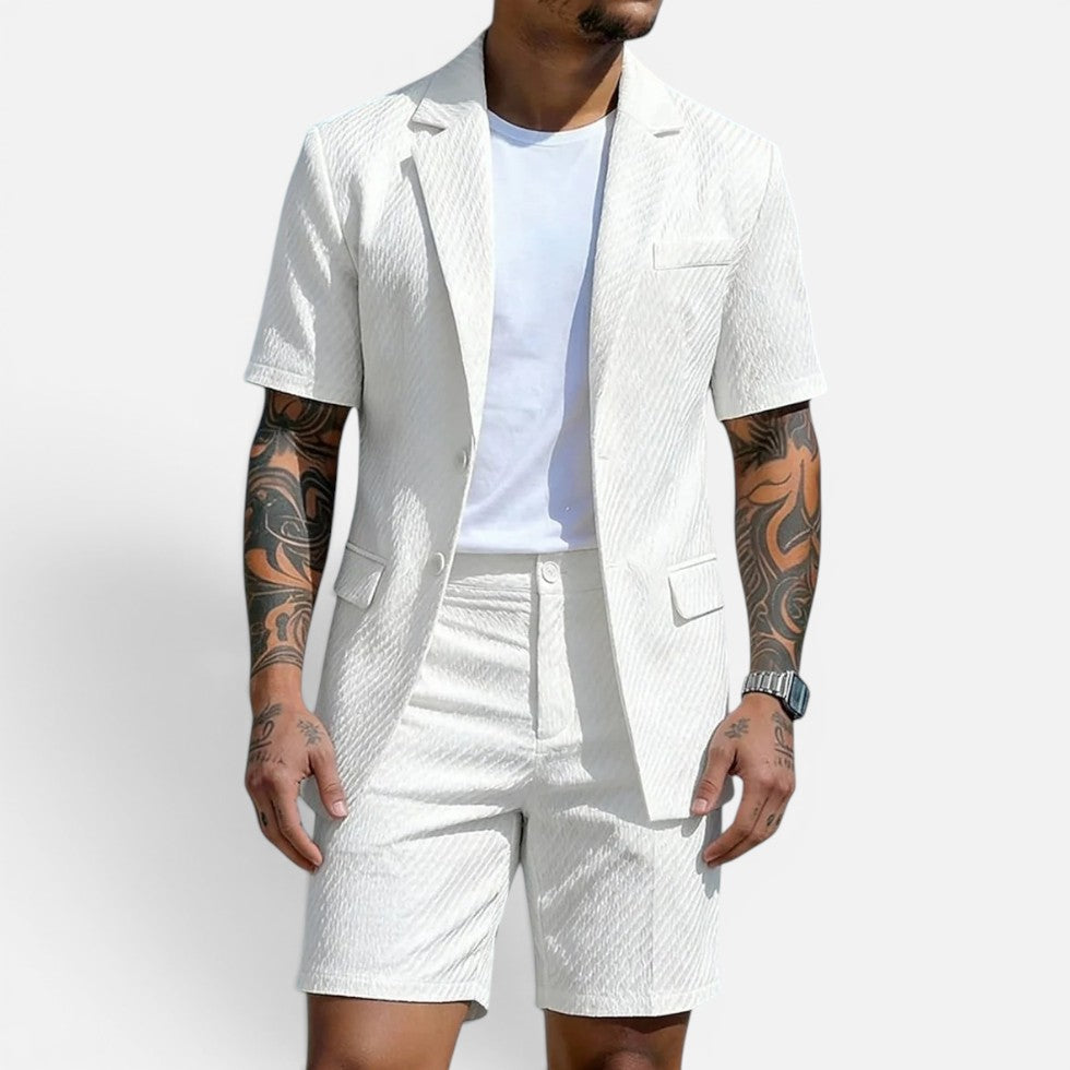 Two-piece structured short-sleeved blazer and shorts set 0