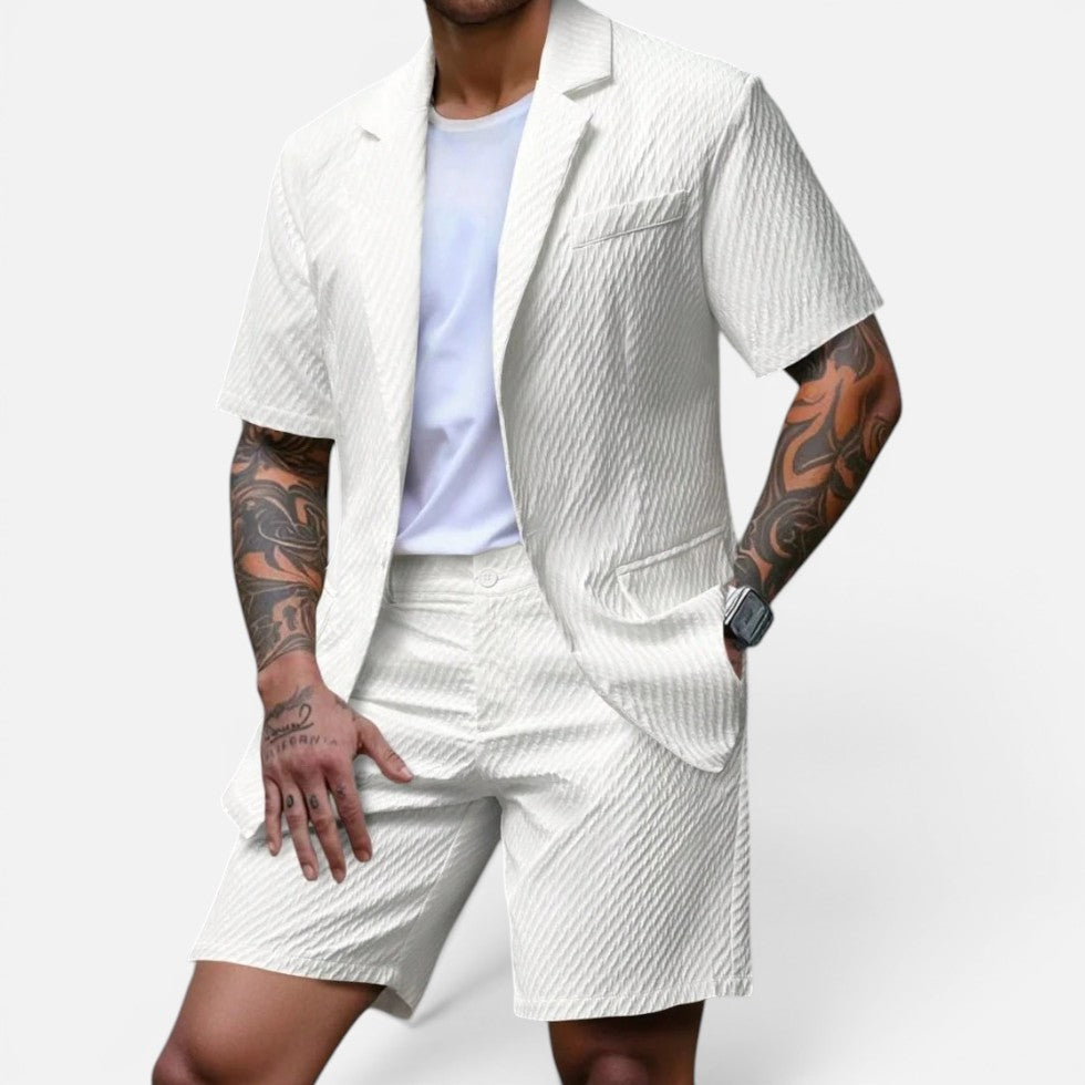Two-piece structured short-sleeved blazer and shorts set 1
