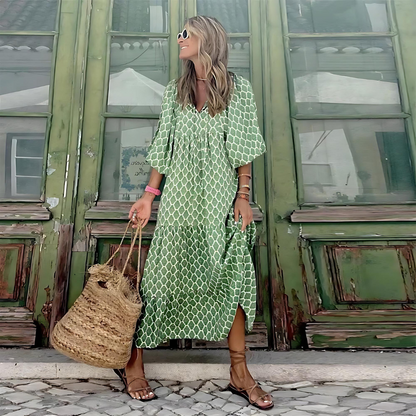 Women's Geometric High Low Maxi Dress with V Neck