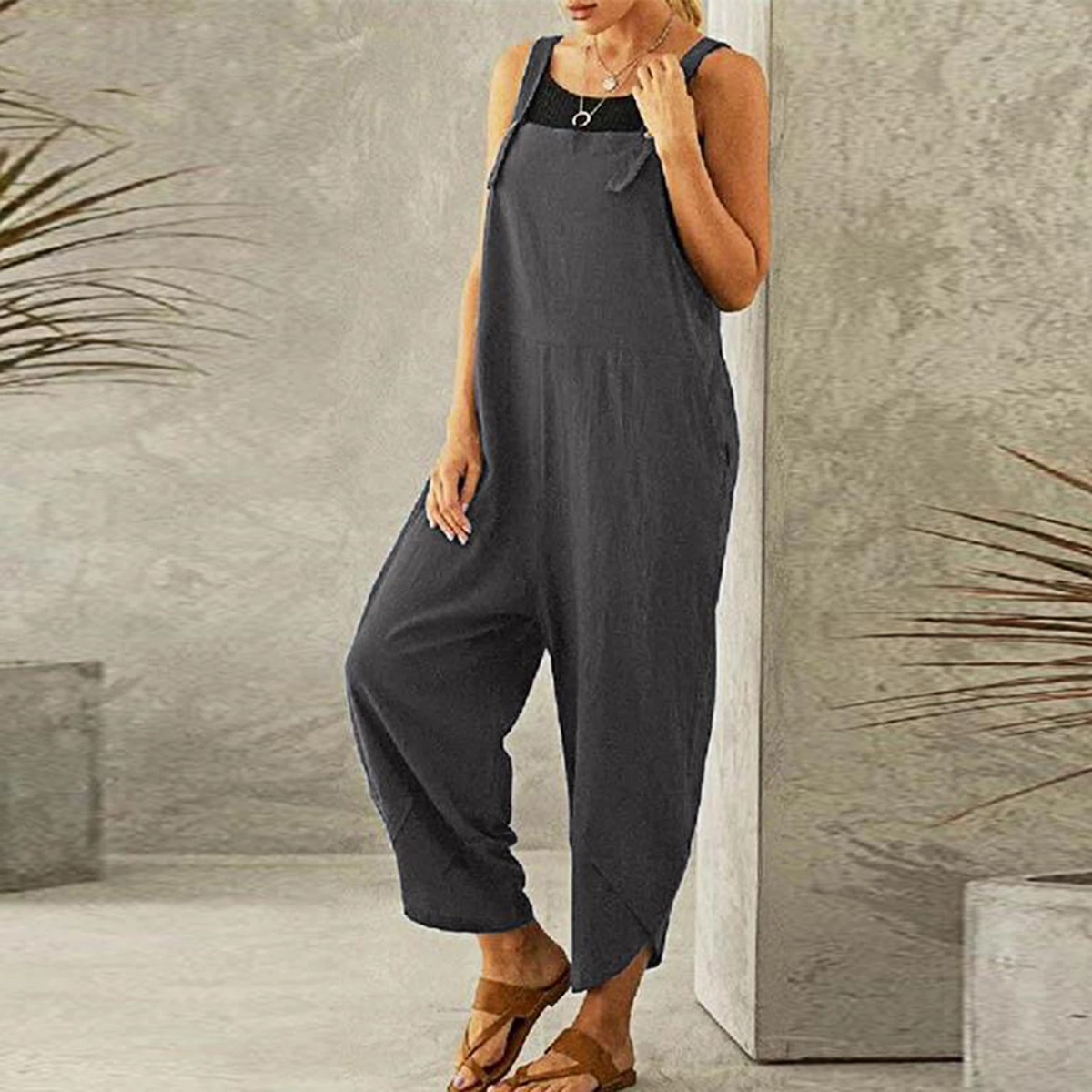 Women's Wide Leg Linen Jumpsuit with Button Straps