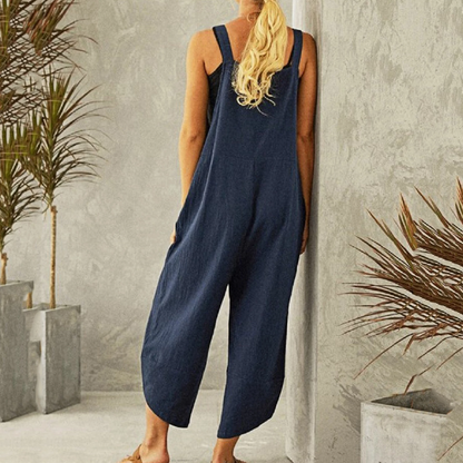 Women's Wide Leg Linen Jumpsuit with Button Straps