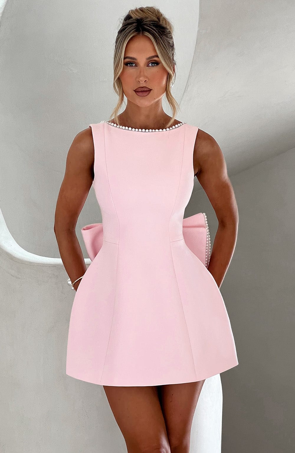 Wedding Guest A-Line Mini Dress with Pearl Trim for Women 0
