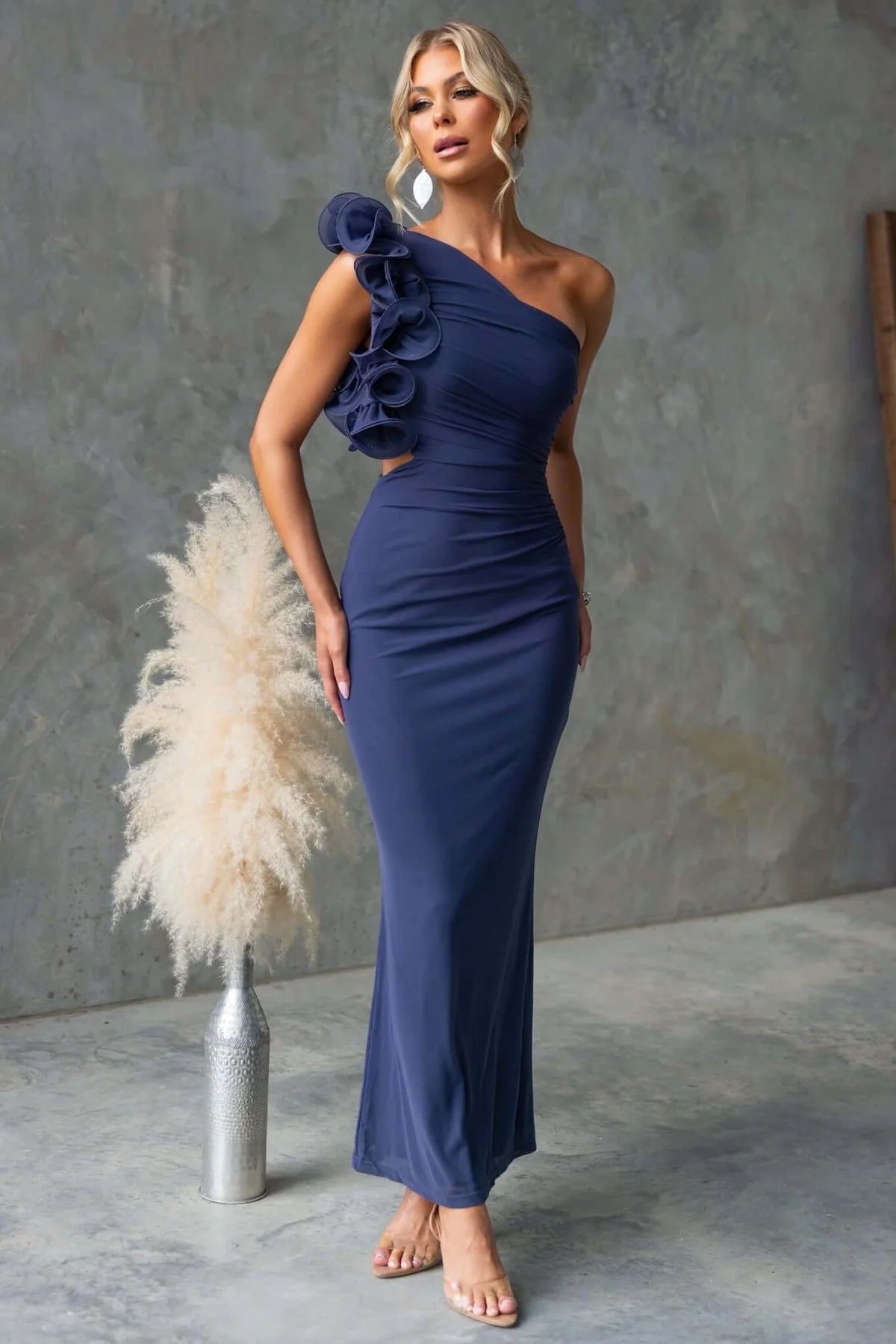 Wedding Guest One-Shoulder Maxi Dress with Ruffles for Women 0