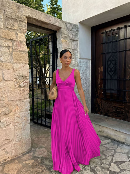 Wedding Guest Pleated Maxi Dress with V-Neck for Women 0