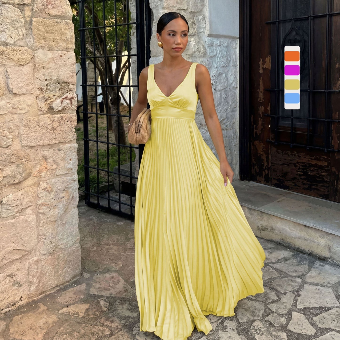 Wedding Guest Pleated Maxi Dress with V-Neck for Women 1