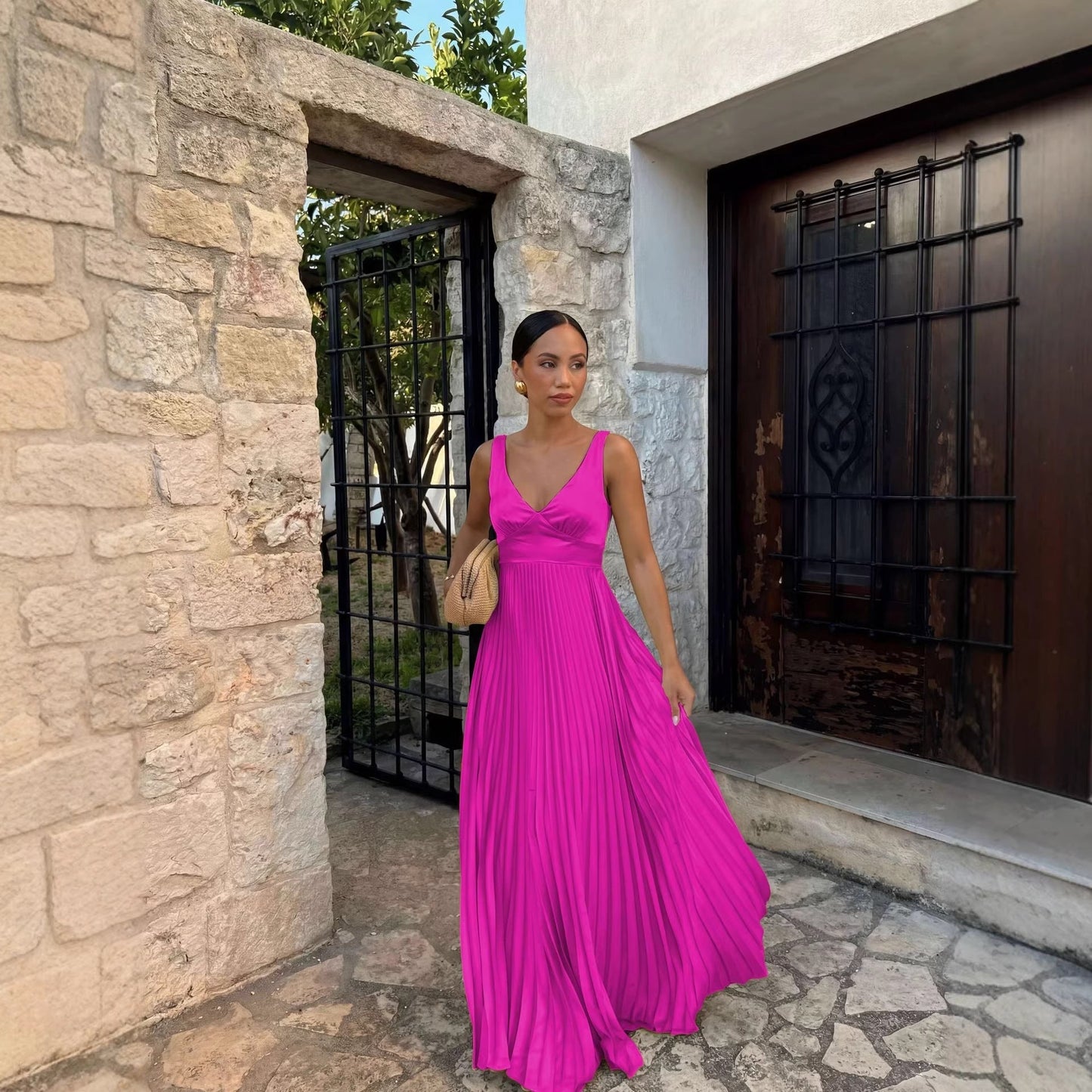 Wedding Guest Pleated Maxi Dress with V-Neck for Women 2