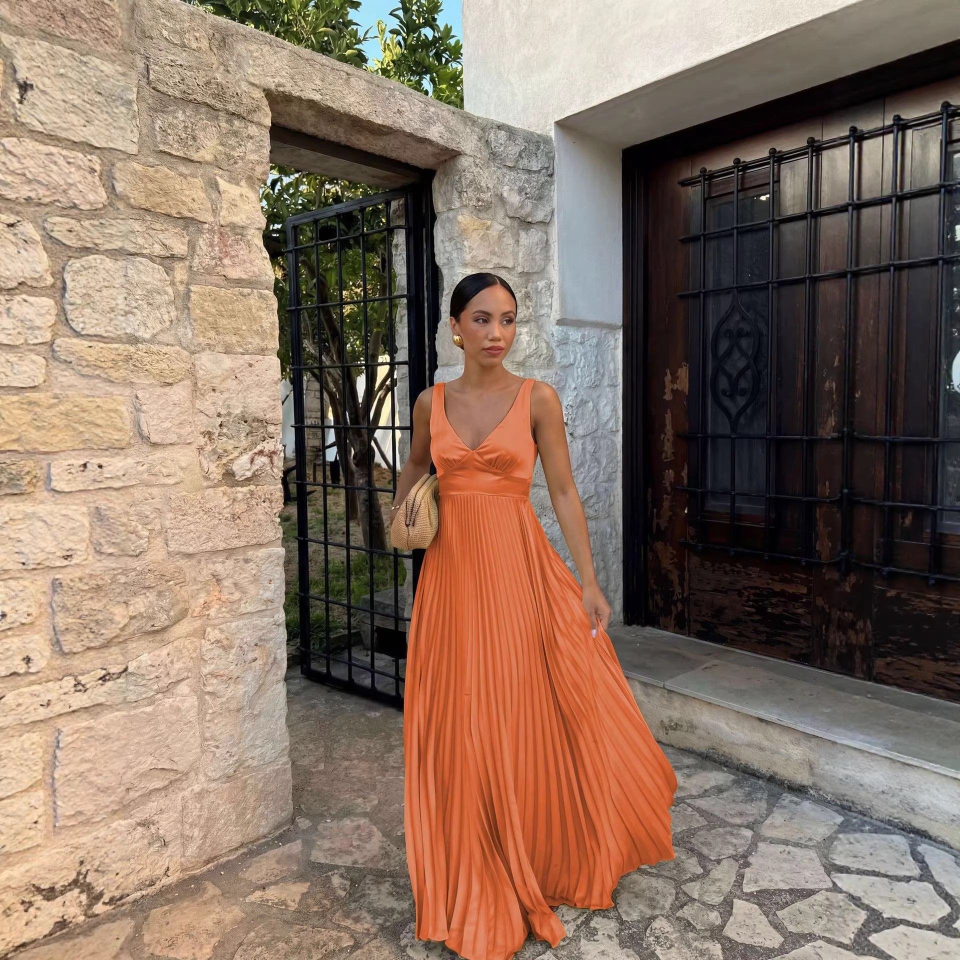 Wedding Guest Pleated Maxi Dress with V-Neck for Women 4