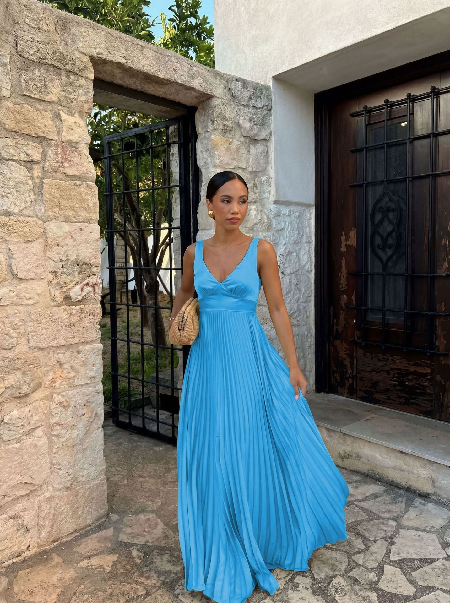 Wedding Guest Pleated Maxi Dress with V-Neck for Women 6
