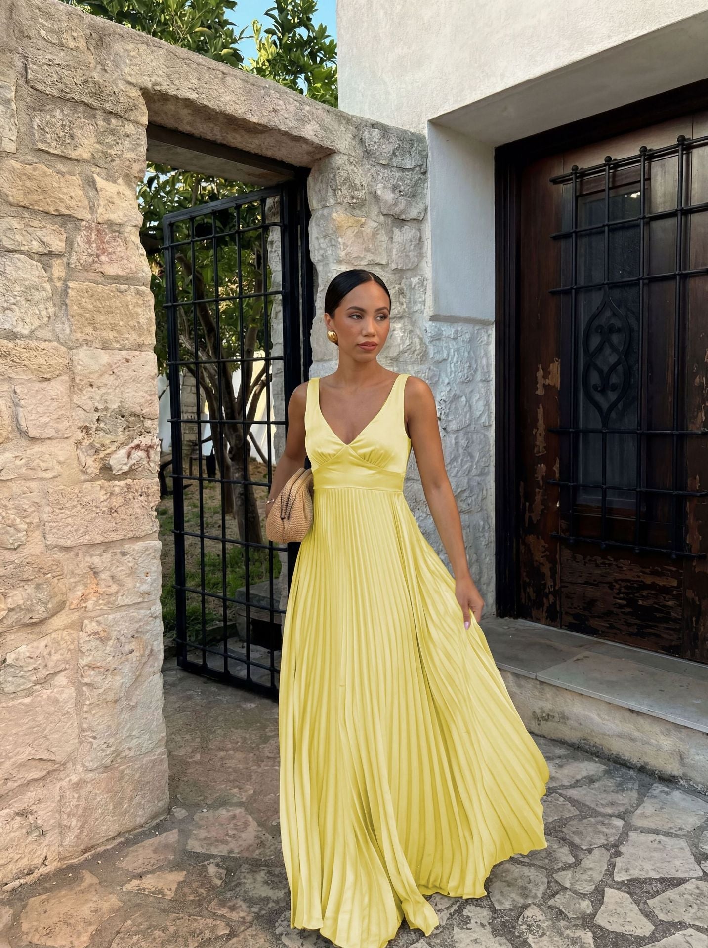 Wedding Guest Pleated Maxi Dress with V-Neck for Women 7