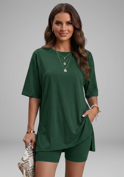 Women’s Casual Two-Piece Set with Oversized Round-Neck Top and Biker Shorts 13