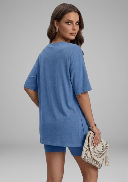 Women’s Casual Two-Piece Set with Oversized Round-Neck Top and Biker Shorts 4