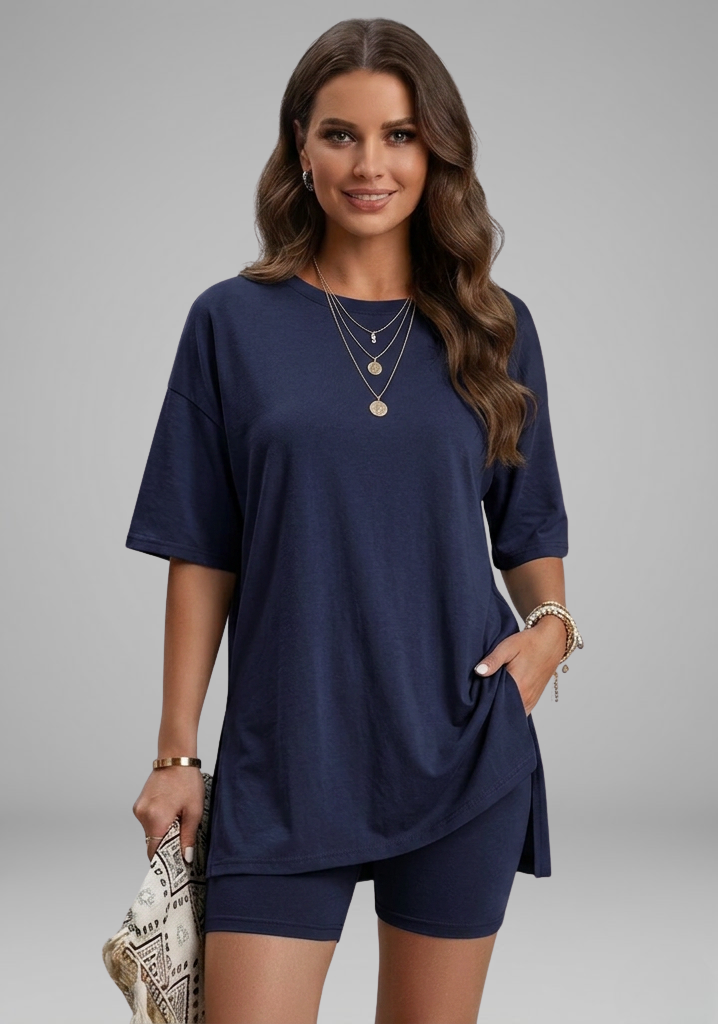 Women’s Casual Two-Piece Set with Oversized Round-Neck Top and Biker Shorts 5