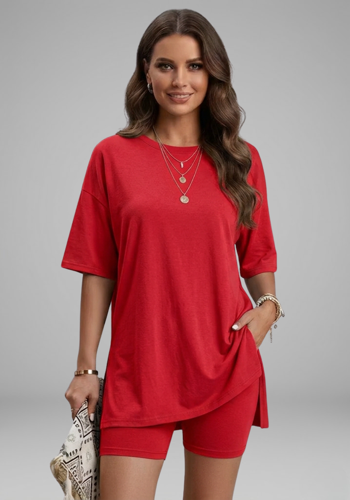 Women’s Casual Two-Piece Set with Oversized Round-Neck Top and Biker Shorts 6
