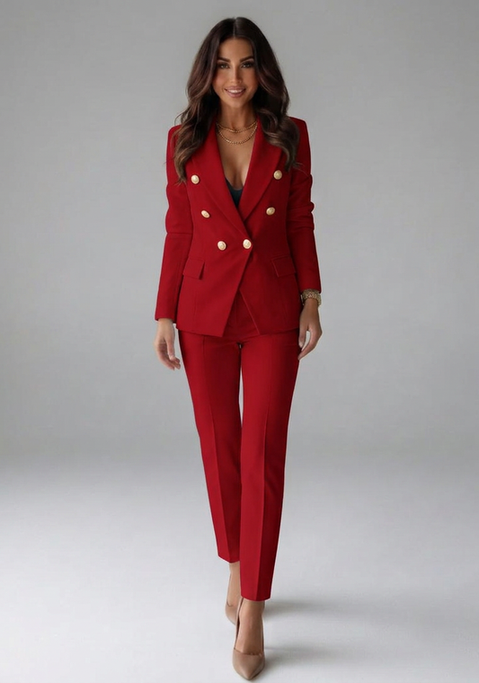 Women's Double-Breasted Blazer Set with Buttons for Office Wear 0