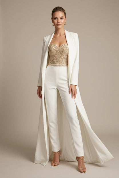 Women's Dressy Jumpsuit - Strapless Sweetheart Neck - Sequin Embellished Bodice - Straight Leg 3