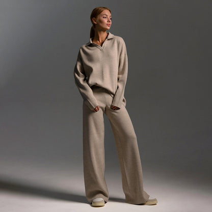 Women's Elegant Casual Outfit – Wide Leg Trousers and Polo Shirt 0