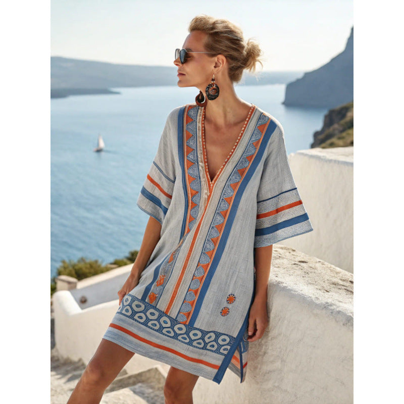 Women's Embroidered Bohemian Caftan Dress - Elegant and Flowing Summer Dress 12