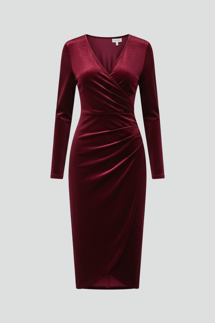 Women’s Midi Dress with V Neckline and Long Sleeves 1