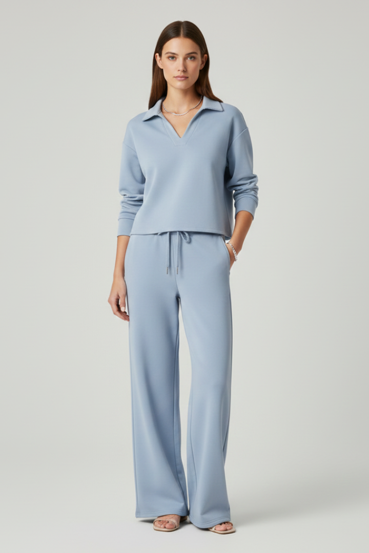 Women’s Two-Piece Set with V-Neck Top and Wide-Leg Pants 0