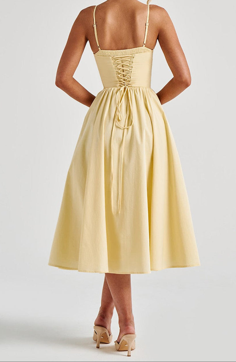 Women's Yellow A-Line Midi Dress - Structured Corset Bodice with Sweetheart Neckline and Side Pockets 2