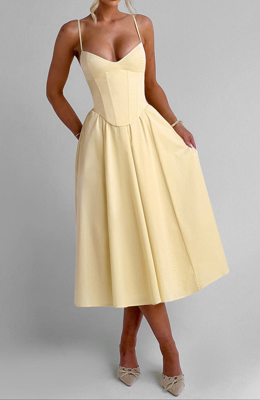 Women's Yellow A-Line Midi Dress - Structured Corset Bodice with Sweetheart Neckline and Side Pockets 3