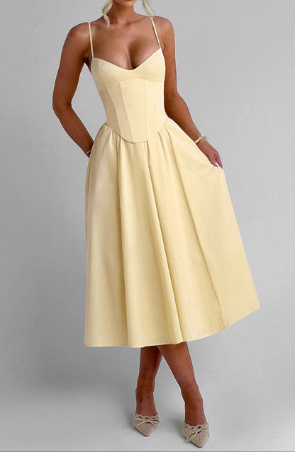 Women's Yellow A-Line Midi Dress - Structured Corset Bodice with Sweetheart Neckline and Side Pockets 3