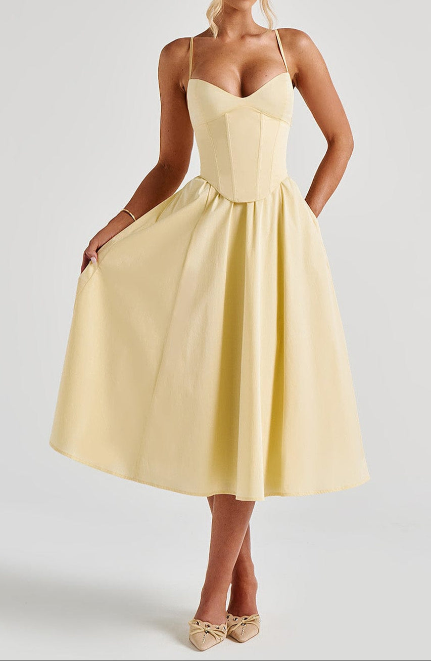 Women's Yellow A-Line Midi Dress - Structured Corset Bodice with Sweetheart Neckline and Side Pockets 5