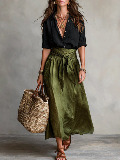 Women's Two-Piece Shirt and Skirt Set with Tie Waist