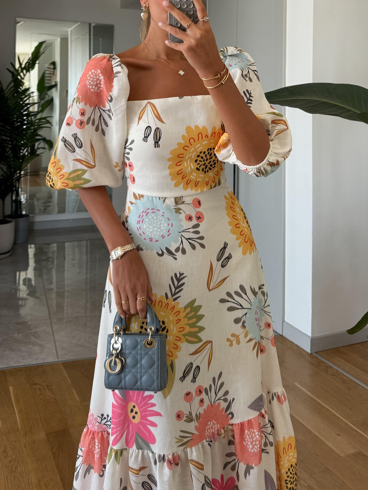 Women's Floral Puff Sleeve Tiered Midi Dress