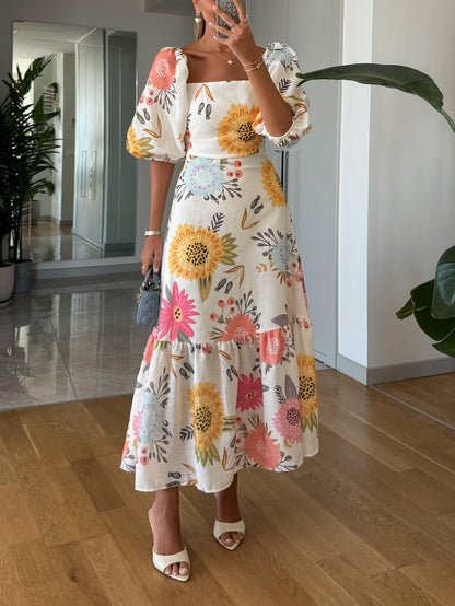 Women's Floral Puff Sleeve Tiered Midi Dress