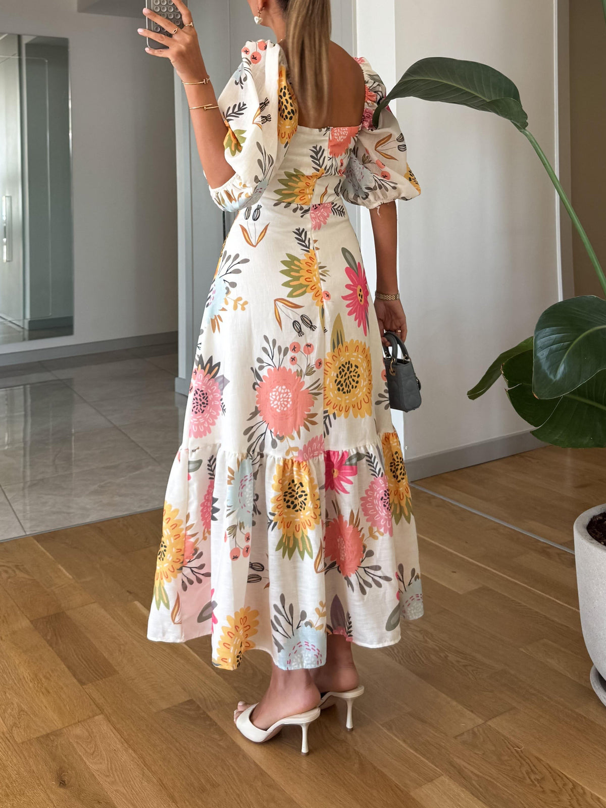 Women's Floral Puff Sleeve Tiered Midi Dress