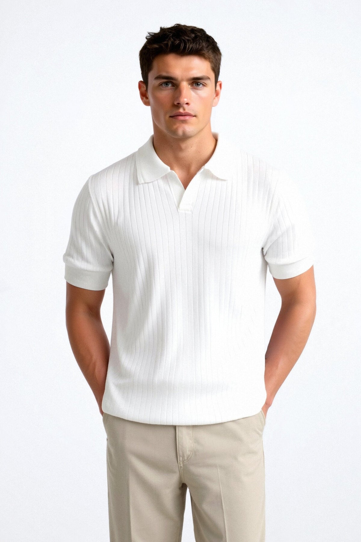 Men's Short Sleeve Ribbed Polo Shirt with Open Collar