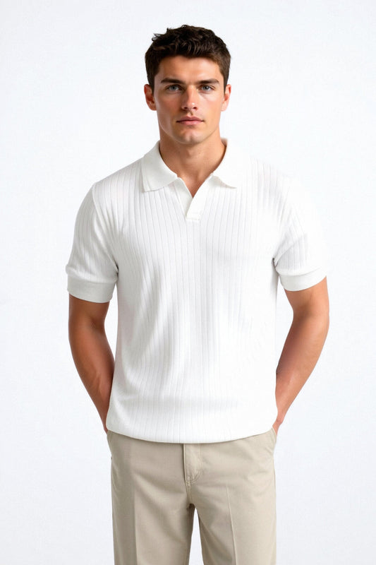 Men's Short Sleeve Ribbed Polo Shirt with Open Collar